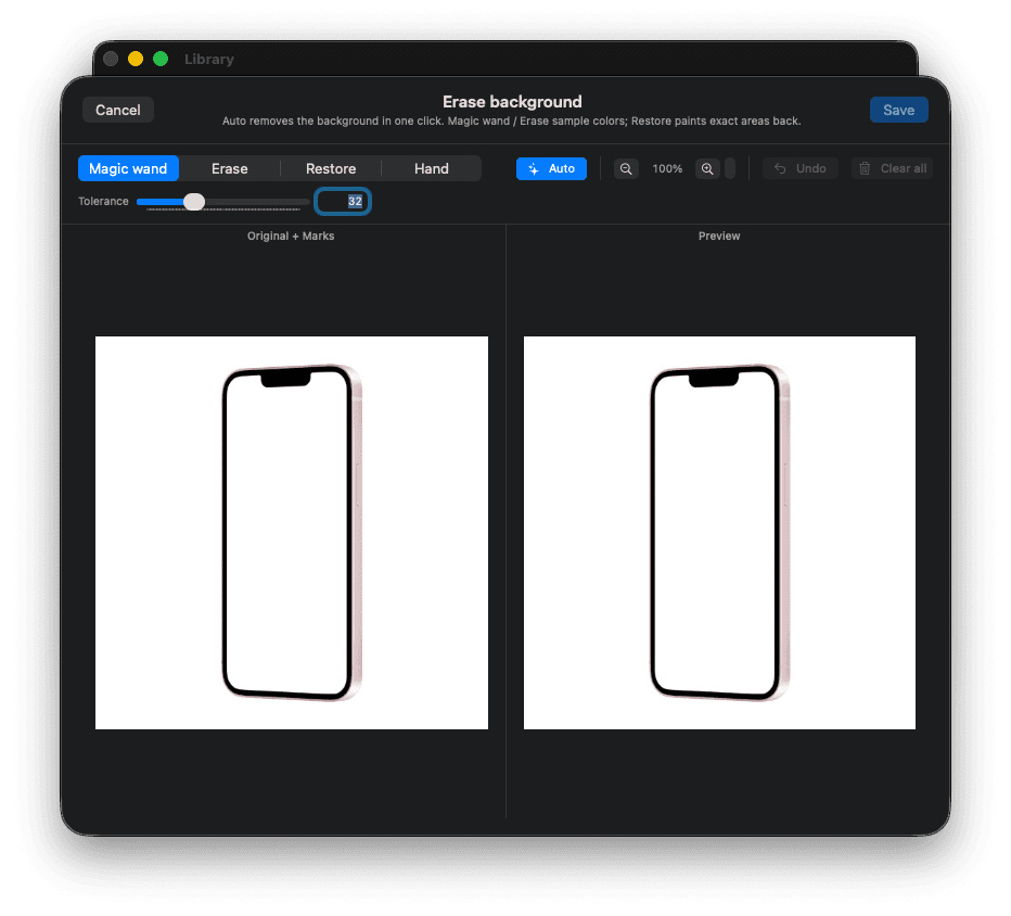 Erase Background tool removing the white backdrop from an iPhone product shot